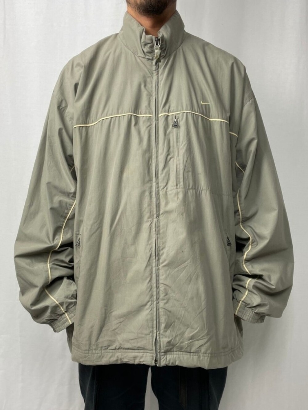 I5 Vintage Large Green Mens Windbreaker Jacket Zip Up Mock Neck Drawstring